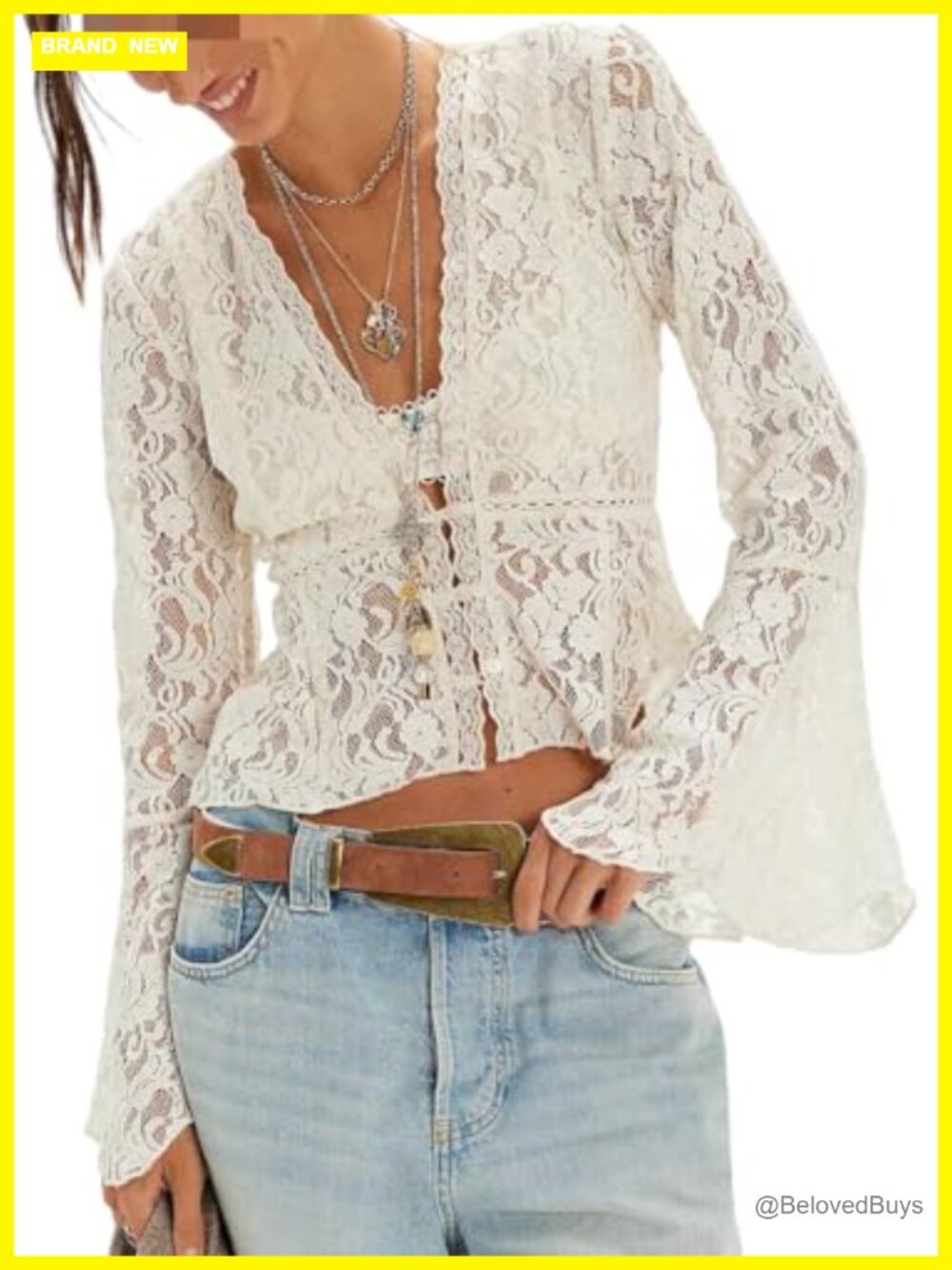 Women Lace See Through Blouse Bell Sleeve Ruffle Poncho Sheer Mesh Top